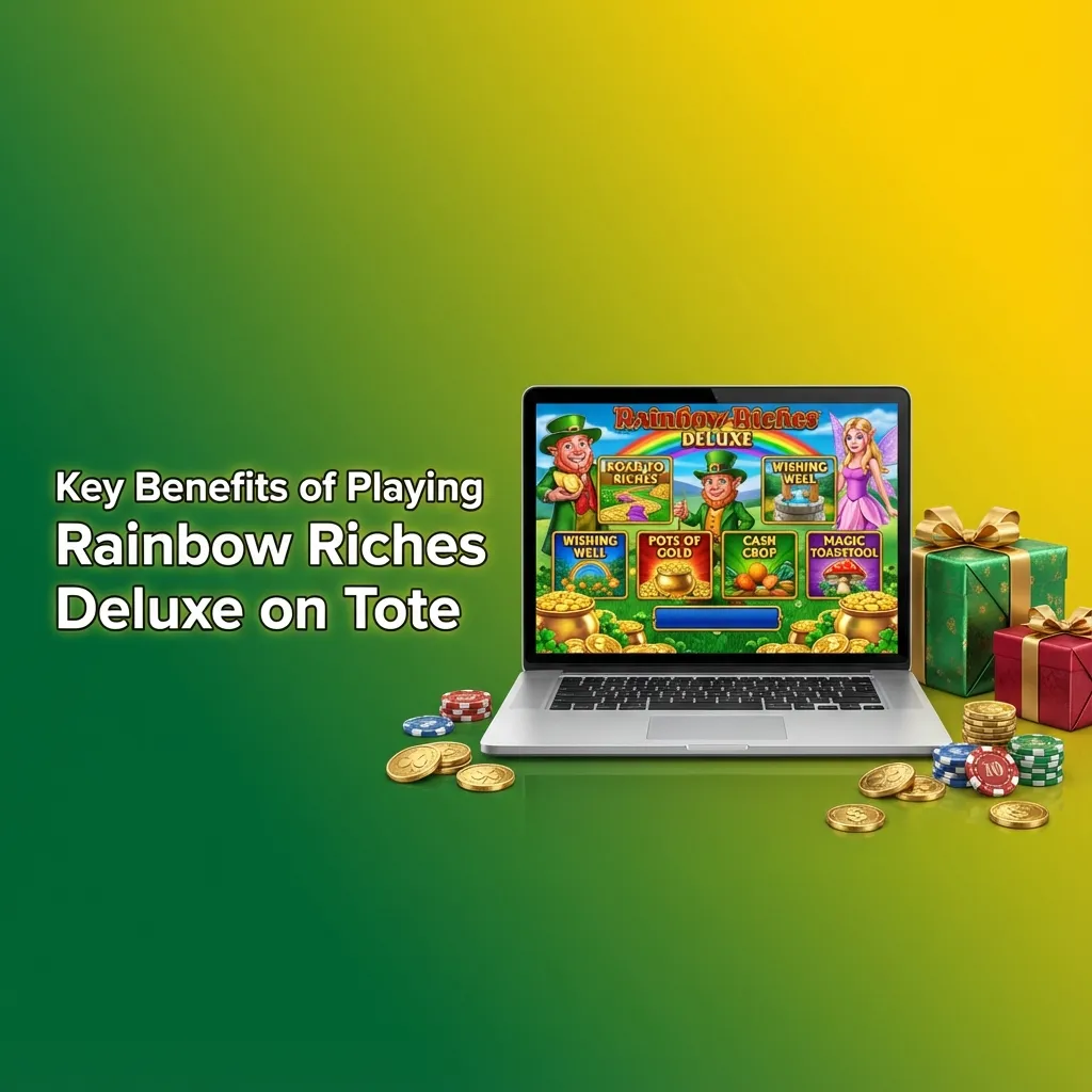 Infographic listing key benefits of playing Rainbow Riches Deluxe on Tote, including security, demo play, fast login and support