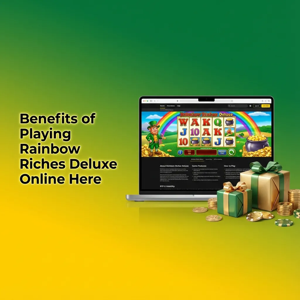 Infographic showing benefits of playing Rainbow Riches Deluxe online, including security, mobile play, support, and fast betting
