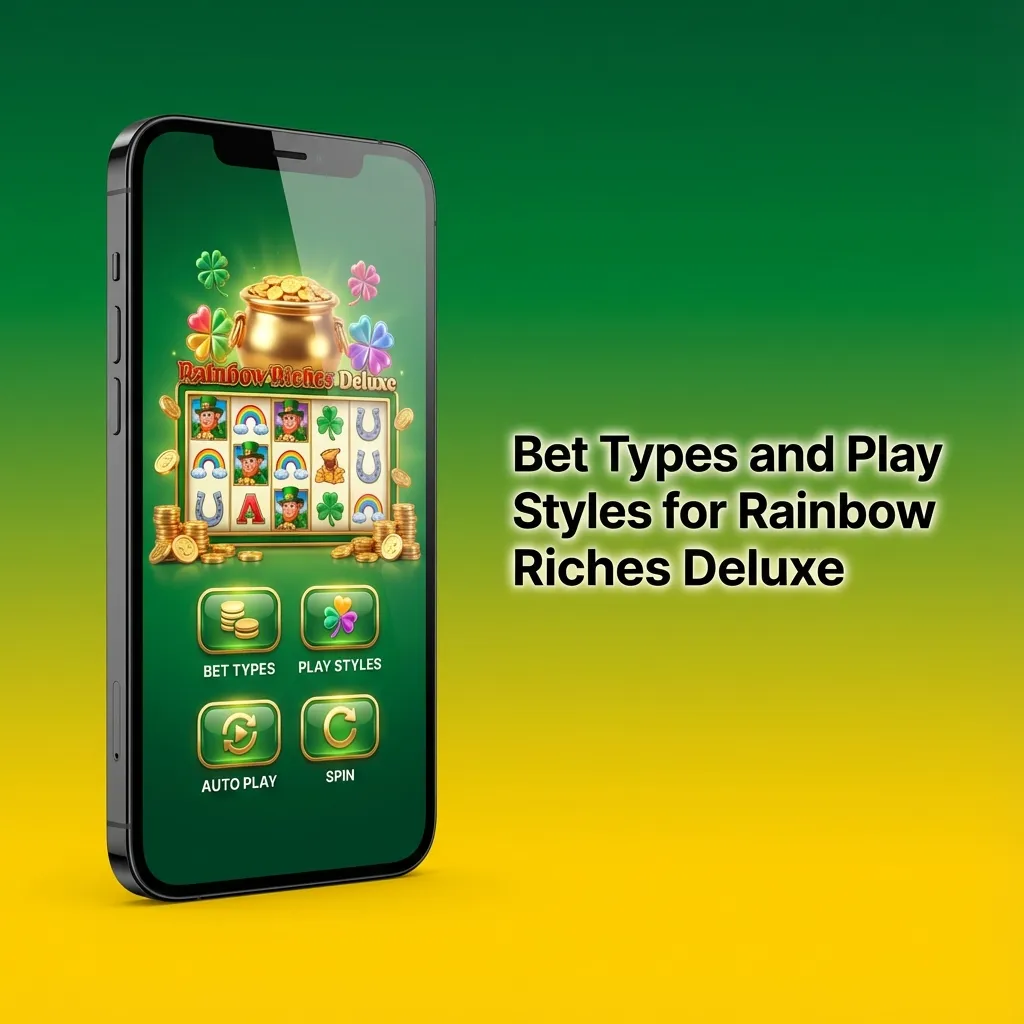 Infographic explaining Rainbow Riches Deluxe bet sizes, auto-play options, and strategies for cautious and experienced players