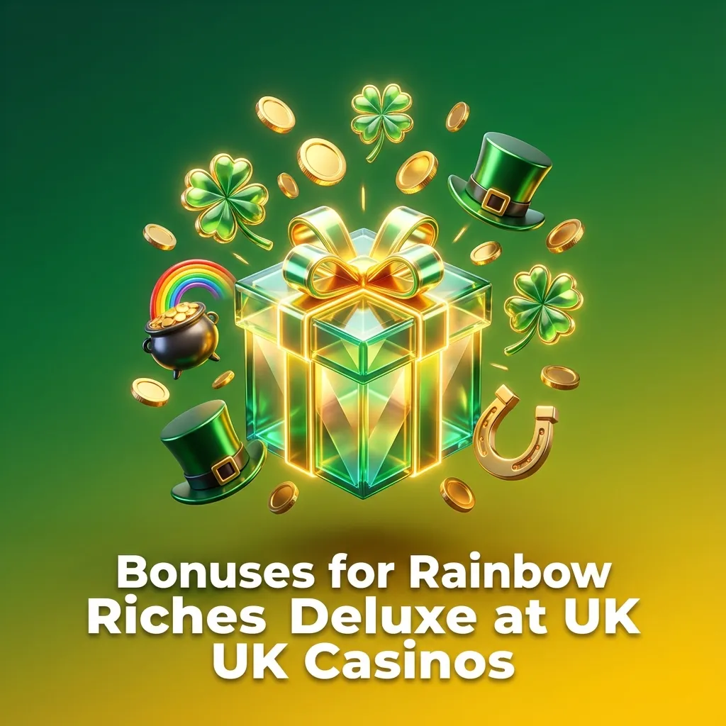 Mobile screen showing Rainbow Riches Deluxe slot with UK casino bonus offer banners and free spins icons
