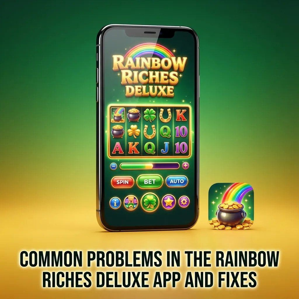 Infographic listing common Rainbow Riches Deluxe app issues with brief troubleshooting tips and connection reminders.
