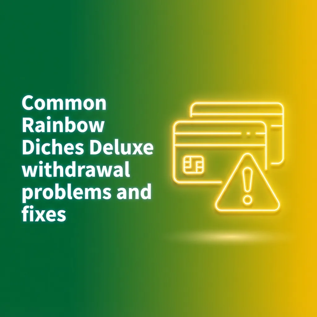 Illustrated guide showing common Rainbow Riches Deluxe withdrawal issues with icons and brief fix tips