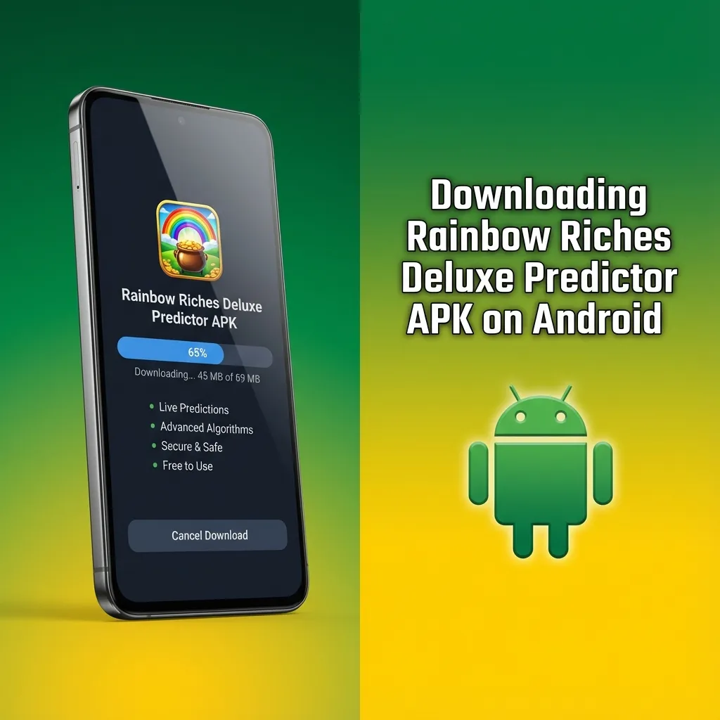 Android phone screen showing download and manual install steps for Rainbow Riches Deluxe Predictor APK with warning text