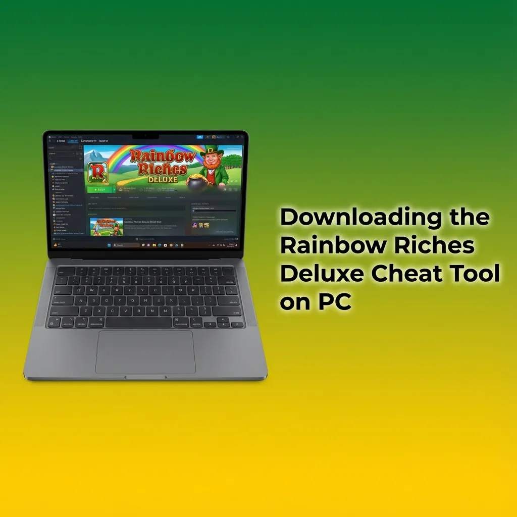Person at a PC downloading and installing Rainbow Riches Deluxe predictor cheat tool, with on‑screen setup steps visible