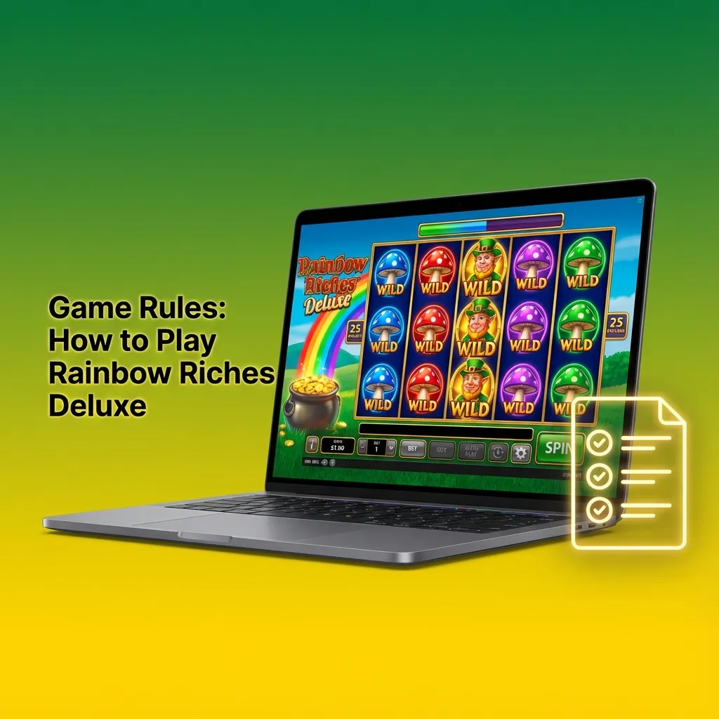 Infographic titled “Game Rules: How to Play Rainbow Riches Deluxe” explaining 5-reel slot features, paylines and bonuses