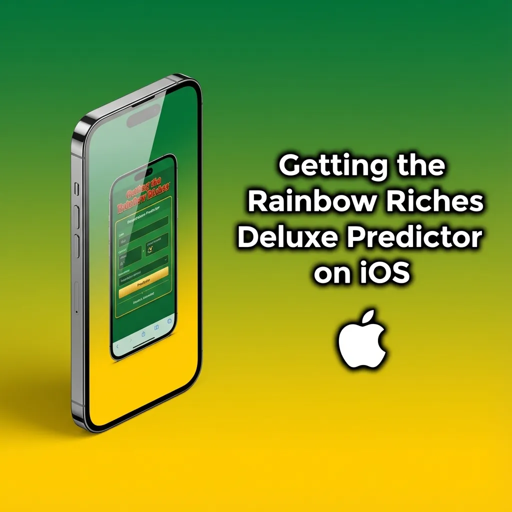Diagram showing iPhone steps to install a third-party Rainbow Riches Deluxe Predictor app with security warnings