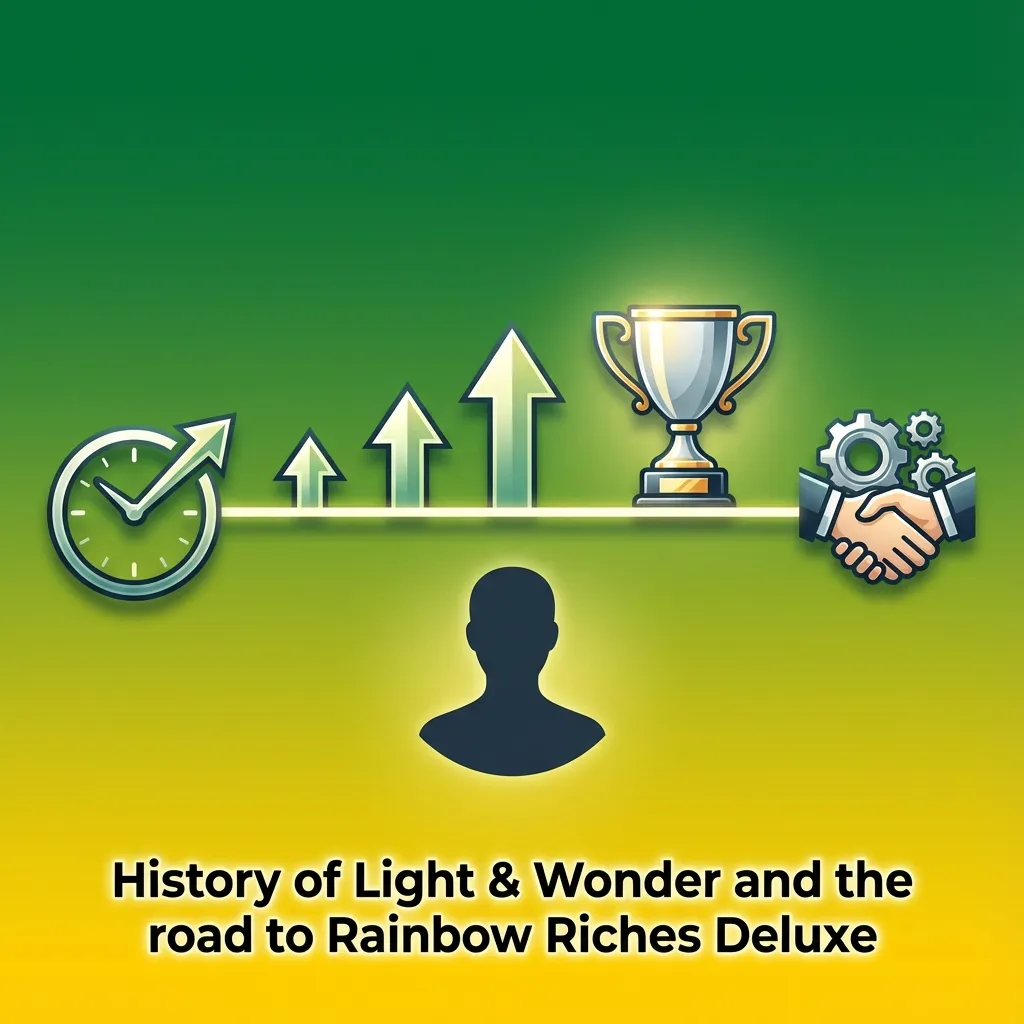 Timeline graphic showing Light & Wonder’s growth from 1970s lottery tech to modern Rainbow Riches Deluxe online slots.