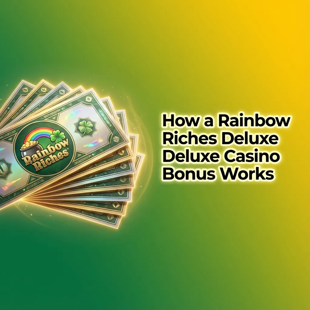 Illustration explaining Rainbow Riches Deluxe casino bonus with match offers, free spins, and wagering requirement icons