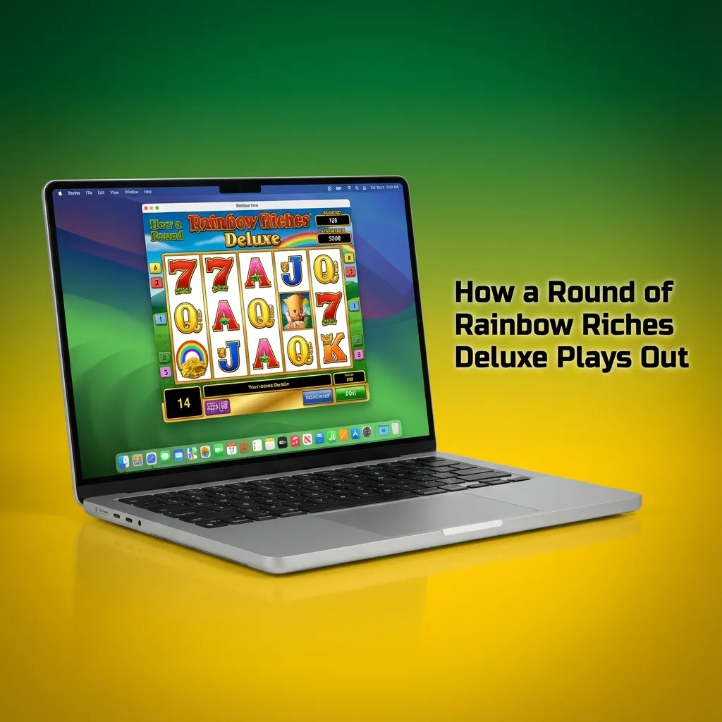 Illustrated Rainbow Riches Deluxe 5x3 slot reels with 20 paylines, stake buttons, spin button, and highlighted winning lines
