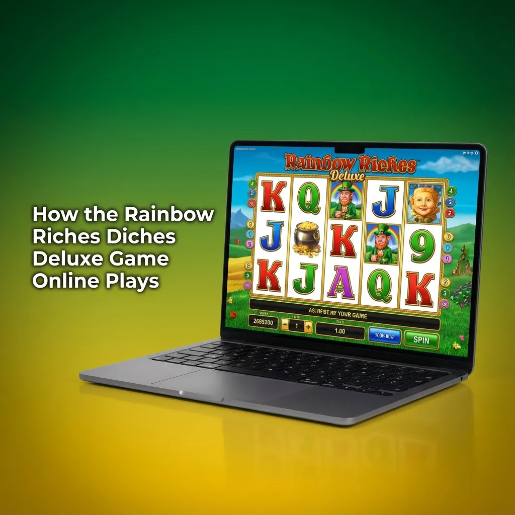 Rainbow Riches Deluxe slot screen showing 5x3 reels, leprechaun symbols, paytable, and spin controls on desktop and mobile