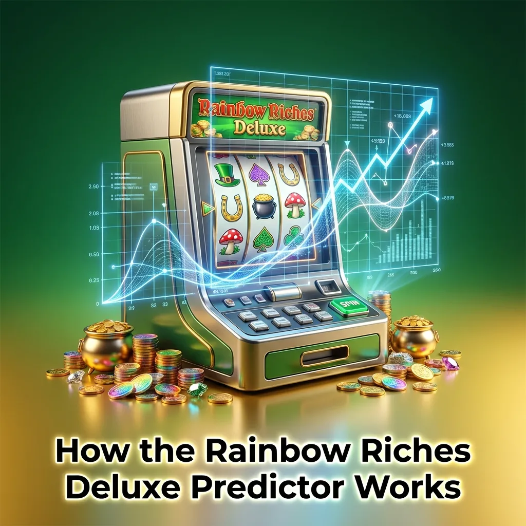 Illustration of a Rainbow Riches Deluxe Predictor dashboard showing data charts, RTP stats and betting trend suggestions