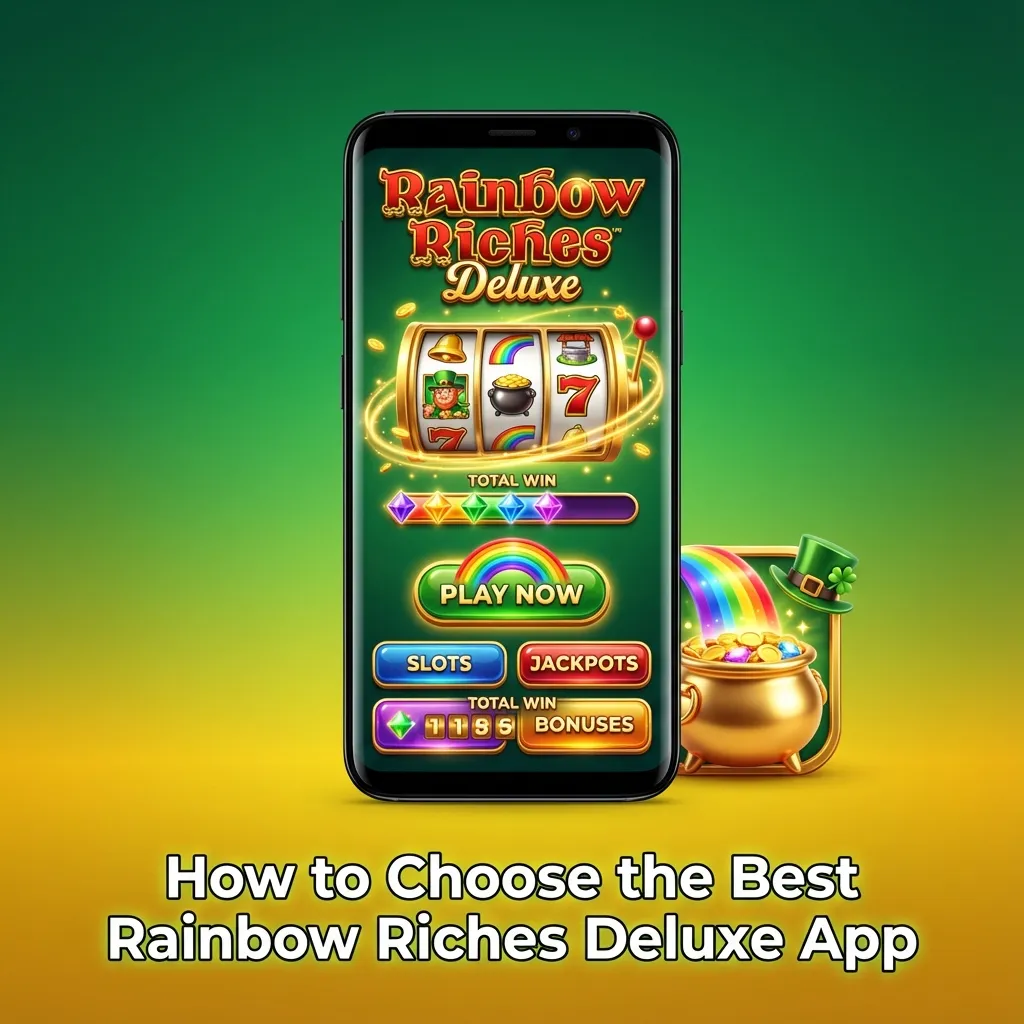 Checklist graphic for choosing a Rainbow Riches Deluxe app, highlighting security, payments, devices, bonuses, and safety tools