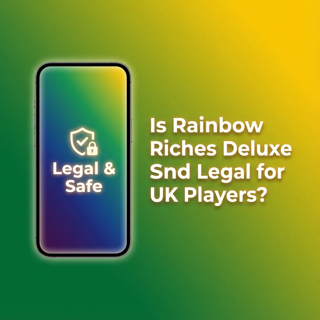 Illustration of a UK-licensed online casino showing Rainbow Riches Deluxe with security icons and legal compliance badges