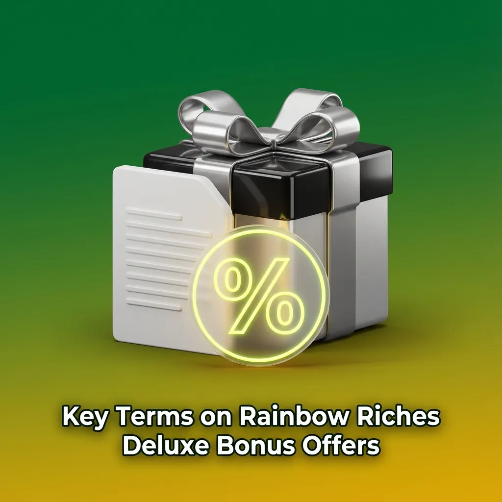 Infographic listing key bonus terms for Rainbow Riches Deluxe, including wagering rules, expiry, limits and win caps