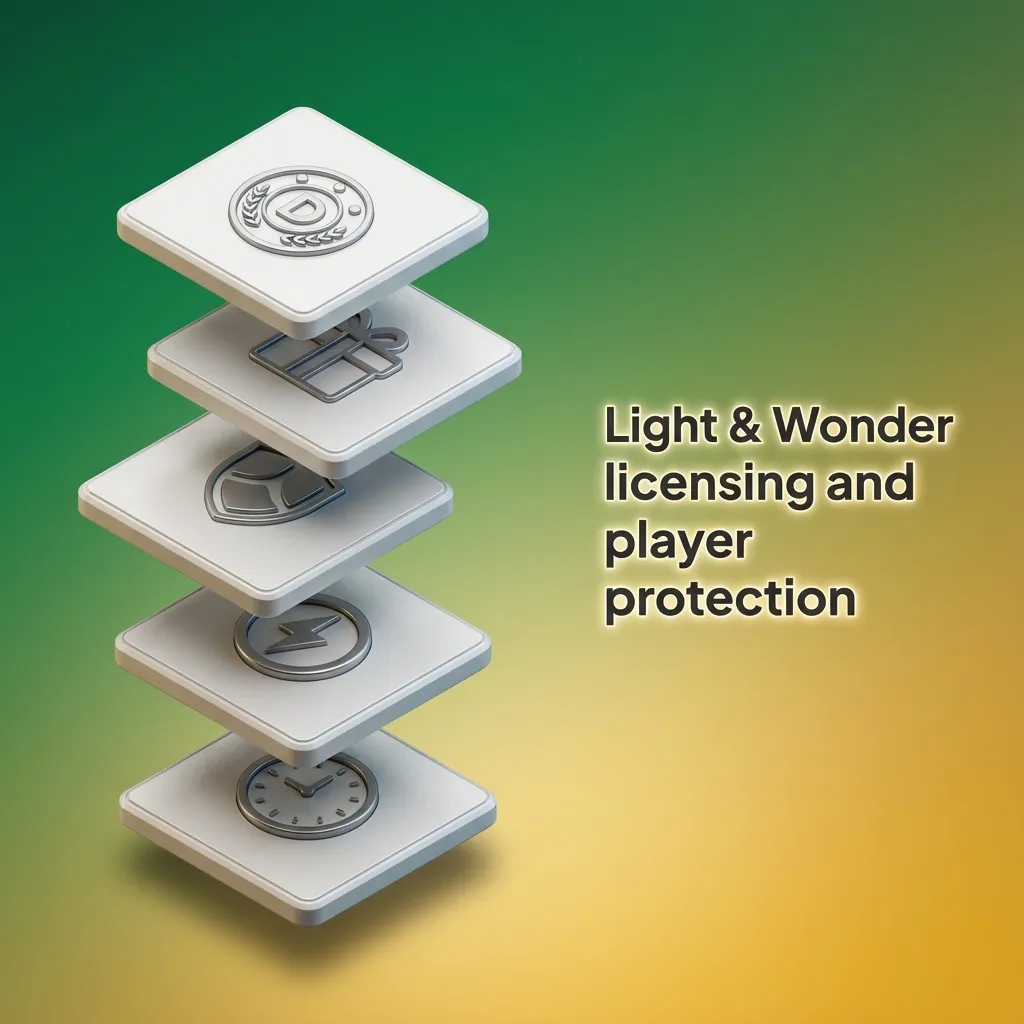 Light & Wonder licensing and player protection icons with security shield, RNG chip, and responsible gambling tools symbols