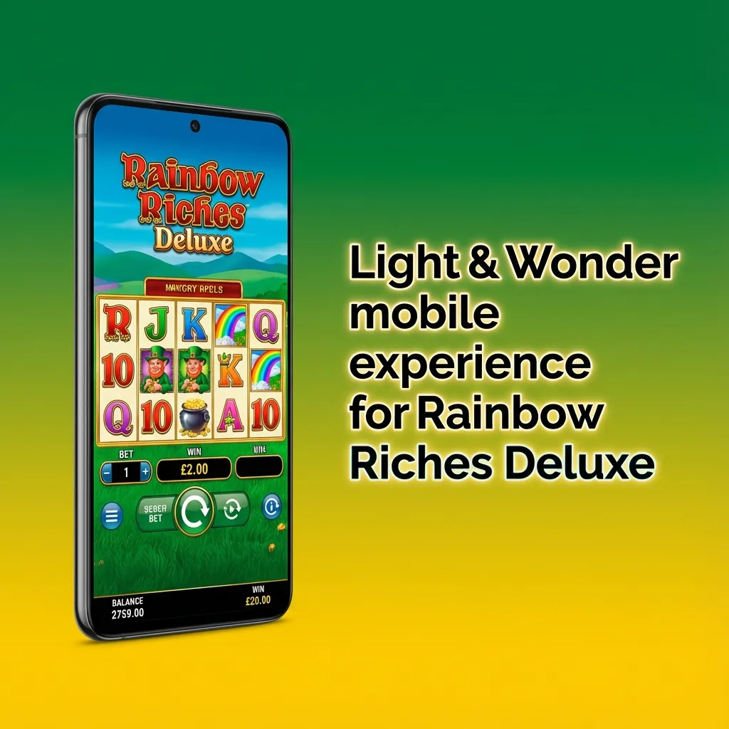 Smartphone showing Rainbow Riches Deluxe slot game with touch-friendly controls and sharp graphics on a mobile interface
