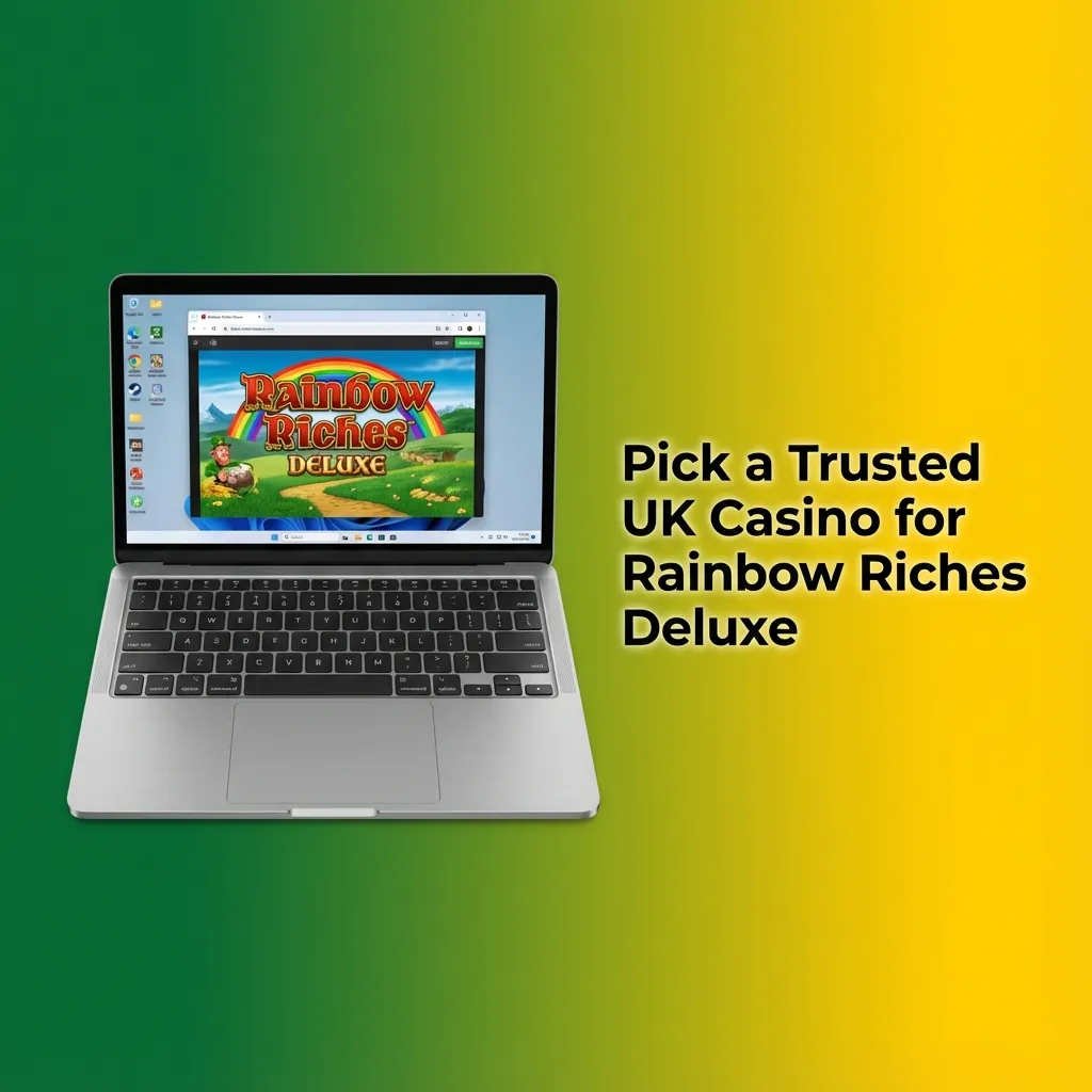 Illustration of Rainbow Riches Deluxe slot on a phone with icons for UK licence, payments, bonuses, and mobile casino apps