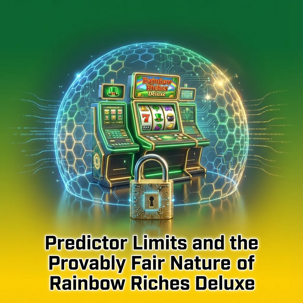 Illustration of Rainbow Riches Deluxe slot with text about RNG fairness, randomness, and limits of predictor tools