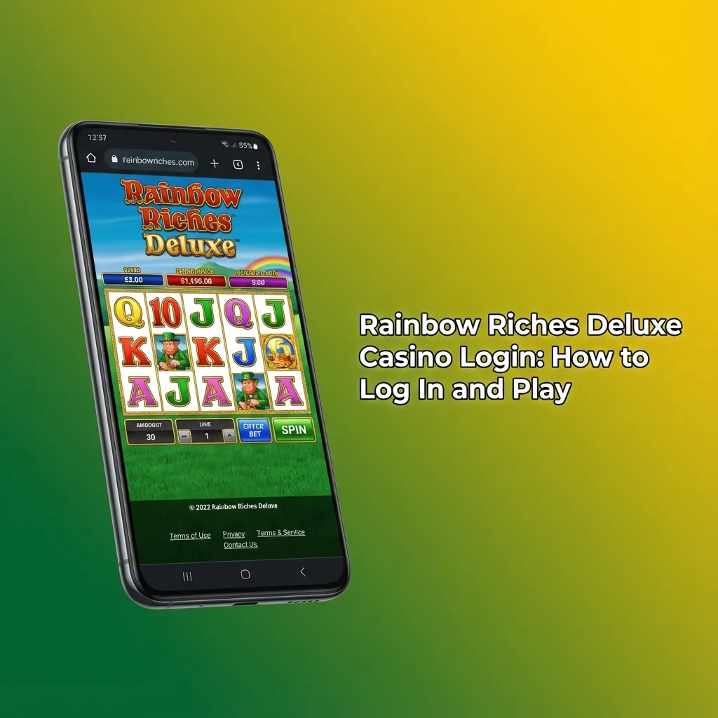Person logging into Rainbow Riches Deluxe casino on laptop, following on-screen steps before starting slot game