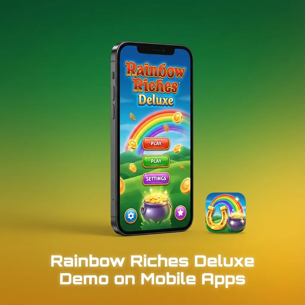 Phone screen showing Rainbow Riches Deluxe slot demo in a UK casino app, with bright reels and touch controls visible