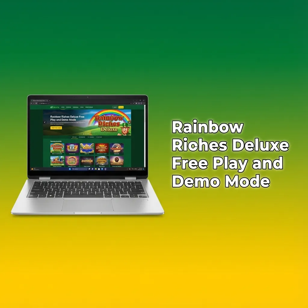 Screenshot of Rainbow Riches Deluxe slot with “Free Play Demo Mode” banner and virtual credits balance displayed.