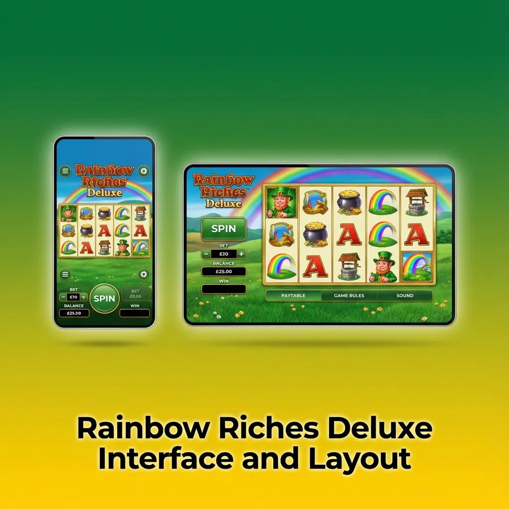 Rainbow Riches Deluxe slot with 5x3 reels, rainbow fields, and resized mobile controls along the bottom