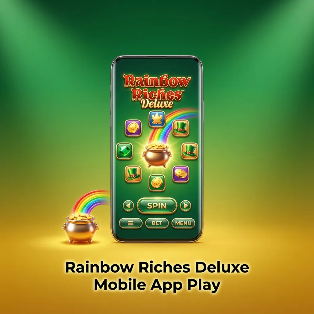 Smartphone screen showing Rainbow Riches Deluxe slot game app with reels, buttons and touch-friendly mobile casino interface