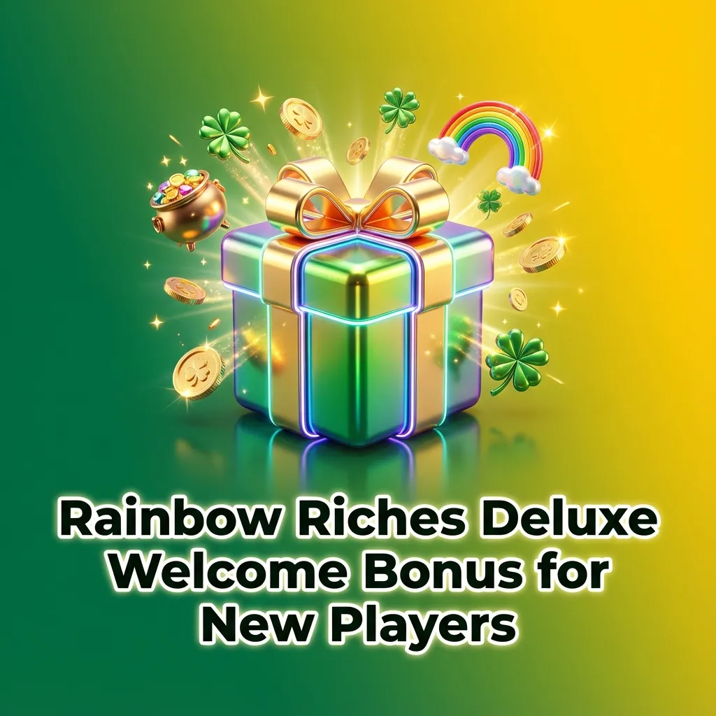 Banner for Rainbow Riches Deluxe casino welcome bonus, showing new player offer with free spins and matched deposit details
