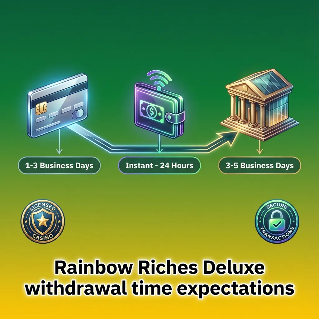 Infographic showing Rainbow Riches Deluxe casino withdrawal times for cards, e-wallets, and bank transfers with pending checks