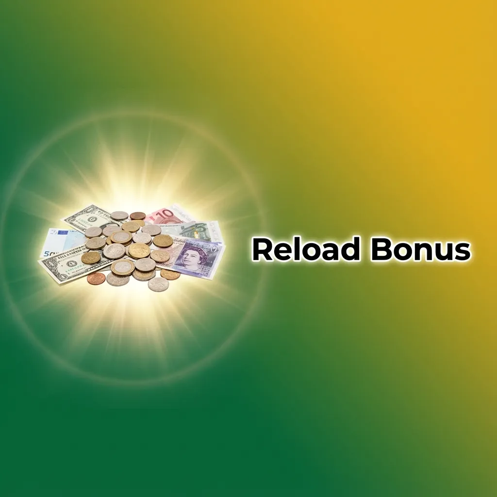 Colorful casino banner promoting a reload bonus with 50% match and Rainbow Riches Deluxe credits on repeat deposits