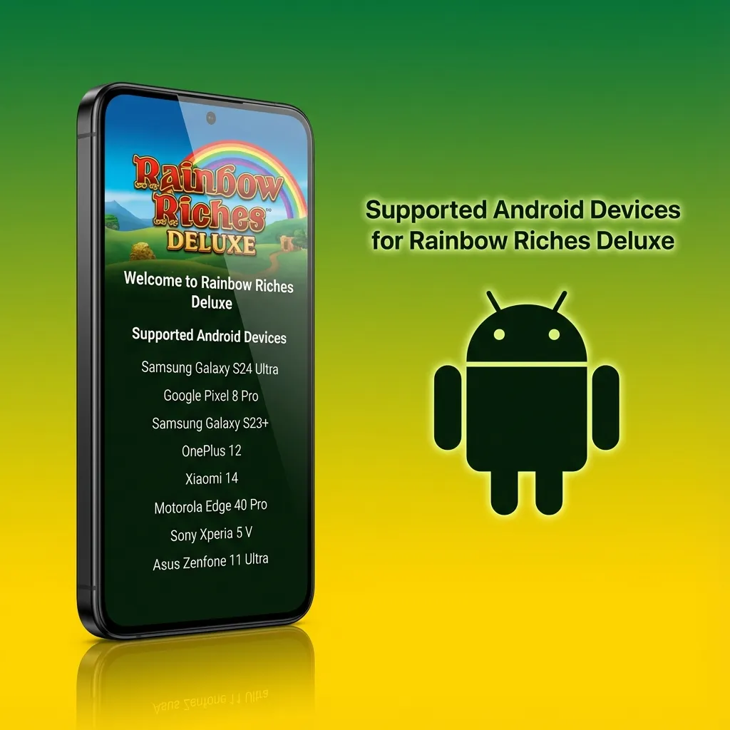 Graphic listing supported Android phones for Rainbow Riches Deluxe, from budget to flagship models released 2020–2025