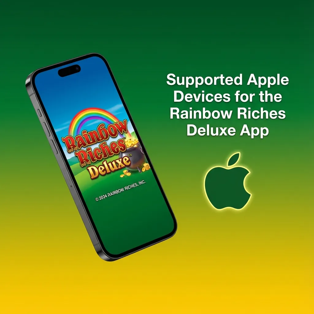 Graphic listing supported Apple devices for the Rainbow Riches Deluxe app on iOS 12+ iPhones and iPads