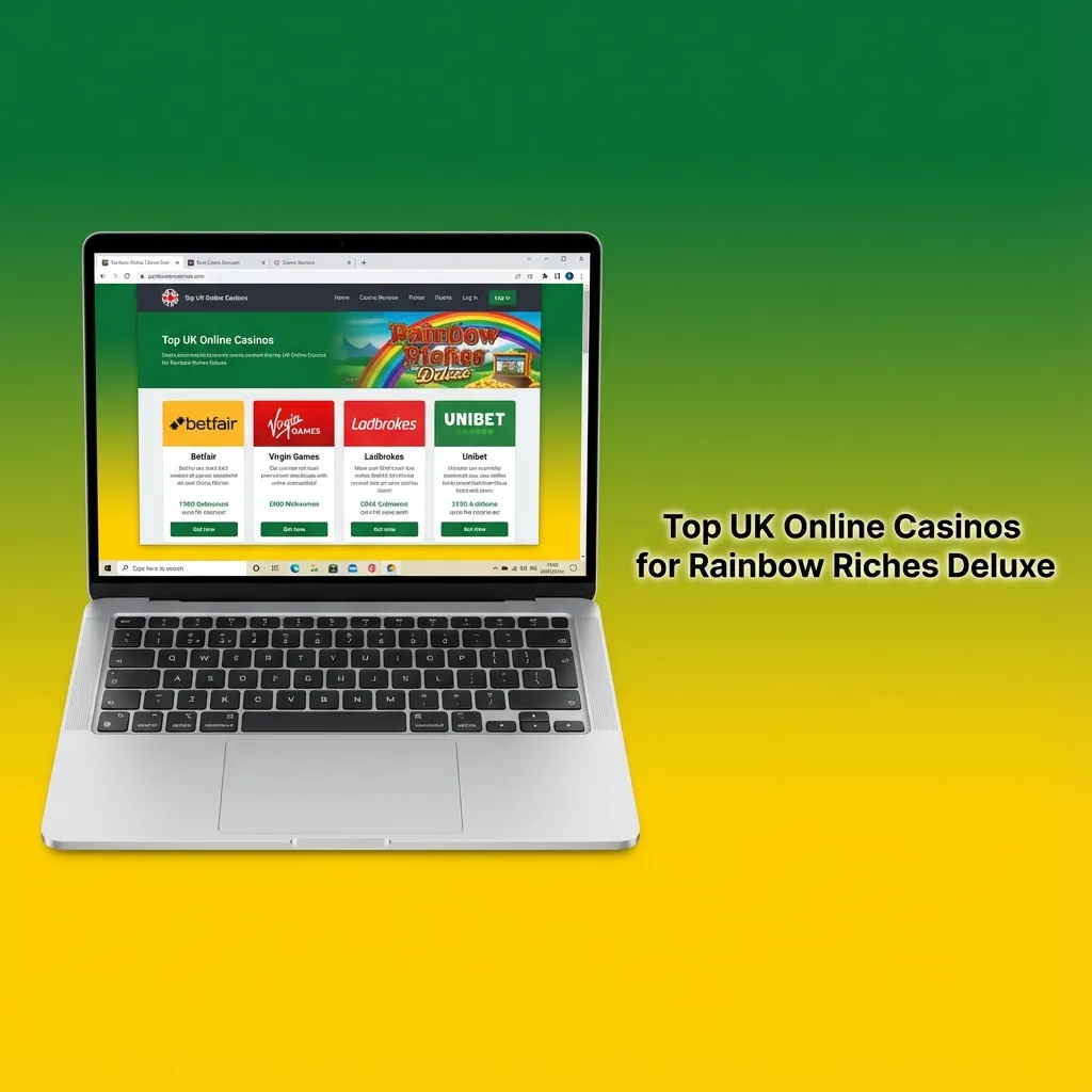 Comparison graphic showing Rainbow Riches Casino and Tote as licensed UK sites to play Rainbow Riches Deluxe online