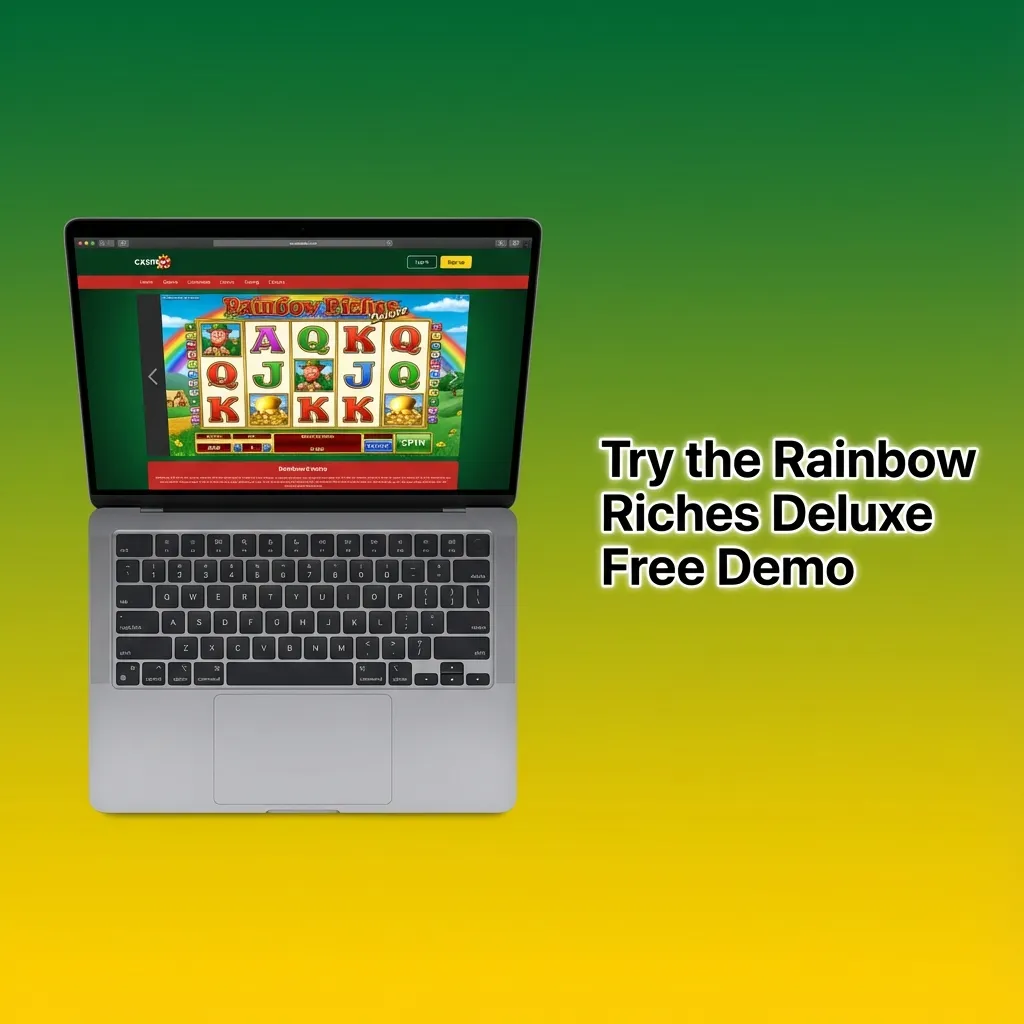 Rainbow Riches Deluxe slot demo screen with reels spinning and “Play Free Demo” call-to-action banner