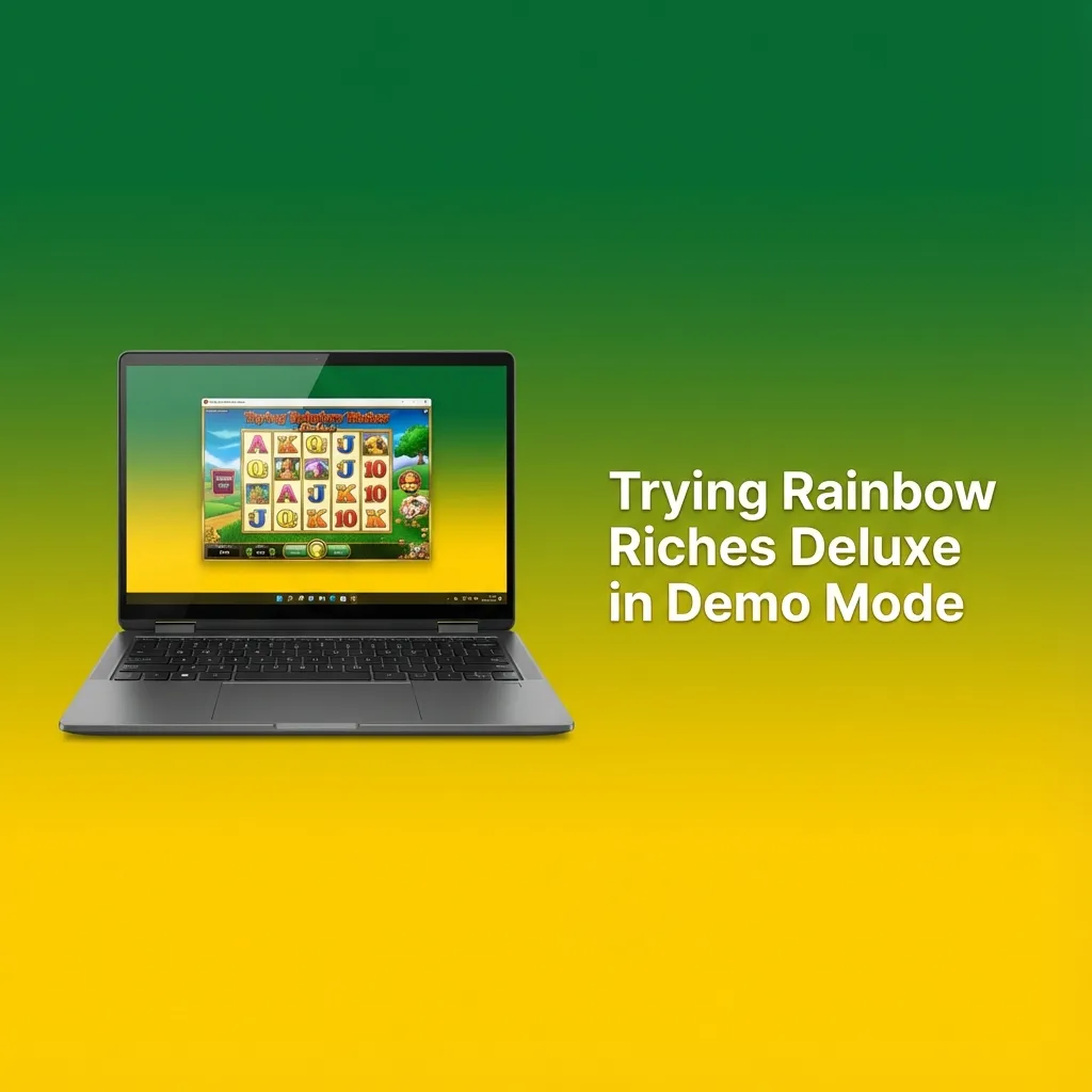 Player trying Rainbow Riches Deluxe slot in demo mode on a desktop screen, with colourful reels and bonus icons visible
