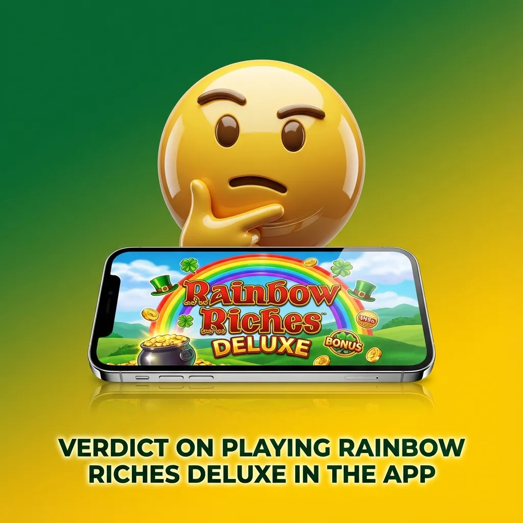 Smartphone showing Rainbow Riches Deluxe slot app with one-handed layout and UK-licensed mobile casino branding
