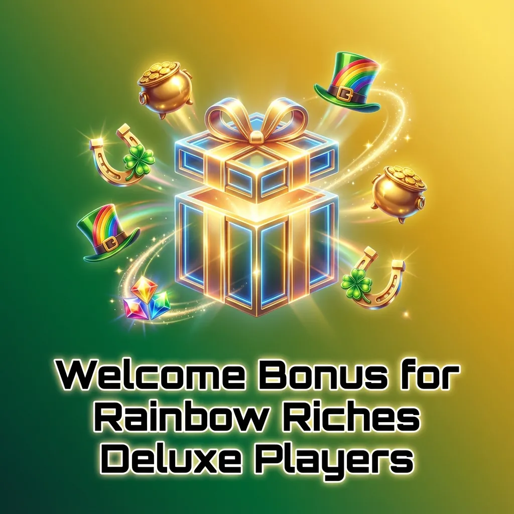 Phone displaying Rainbow Riches Deluxe welcome bonus with free spins and deposit match offer for new app players
