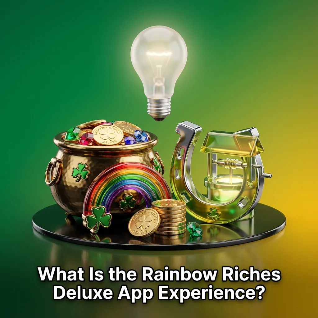 Phone screen showing Rainbow Riches Deluxe slot inside a UK casino app lobby with Irish-themed graphics