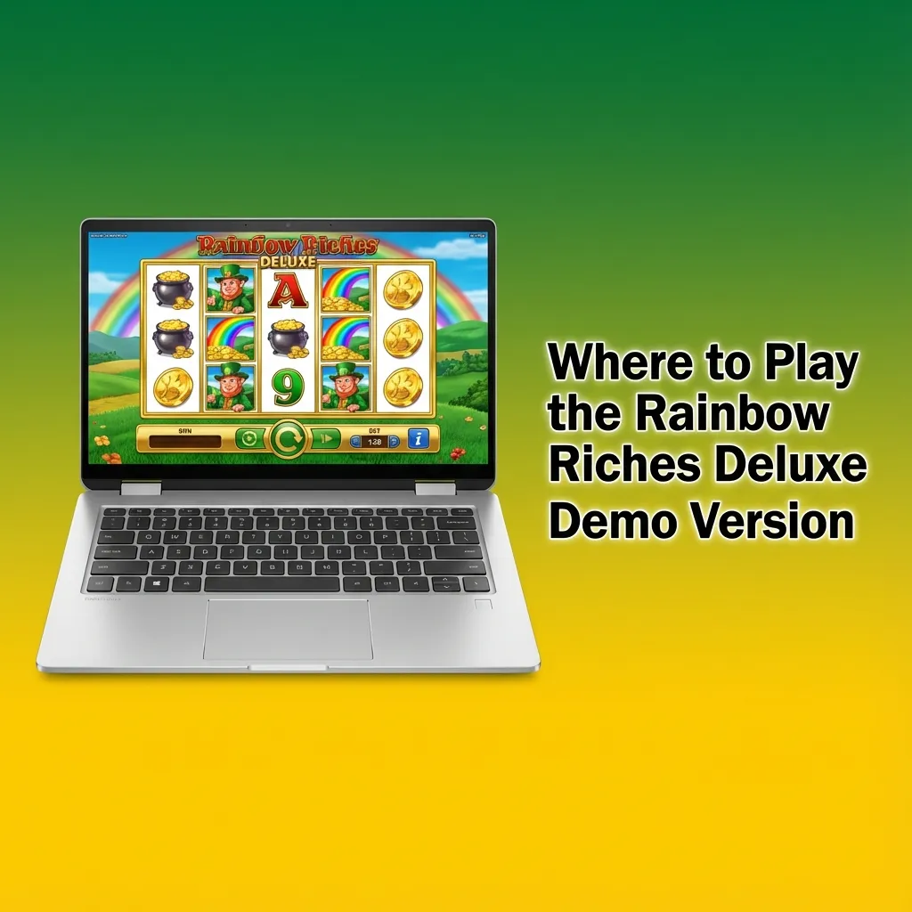 Laptop screen showing the Rainbow Riches Deluxe slot demo game loaded in a web browser