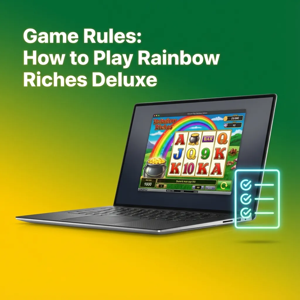 Diagram showing Rainbow Riches Deluxe slot rules: 5 reels, 20 paylines, staking, spin button, and bonus features