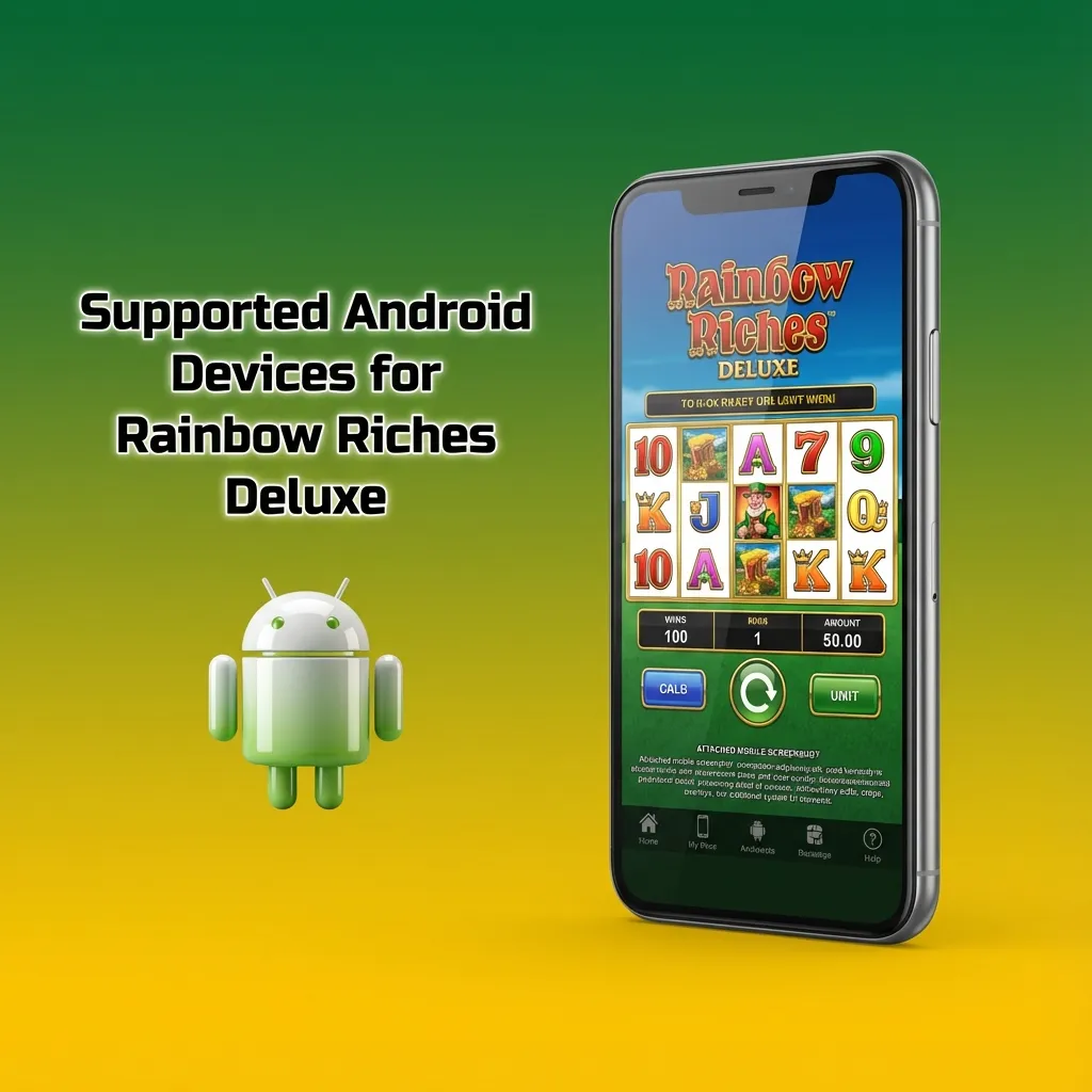Grid of popular Android phones labeled as tested and supported for playing Rainbow Riches Deluxe
