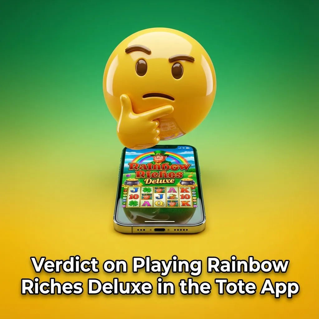 Phone screen showing Rainbow Riches Deluxe slot reels and Irish-themed graphics within the Tote betting app interface